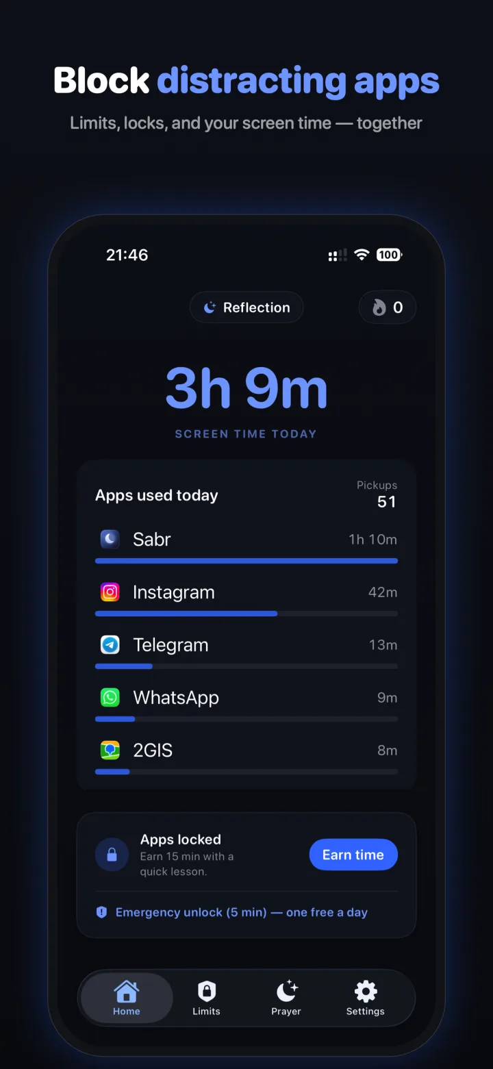 Home screen showing today's screen time, apps used, and a locked-apps card with an Earn time button.
