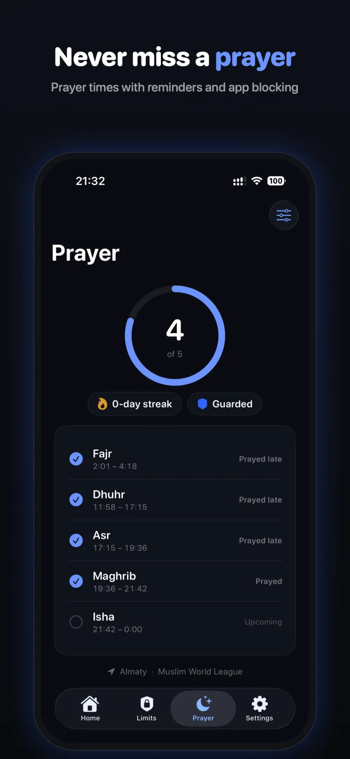 Sabr's Prayer screen tracking four of five daily prayers with times, a streak, and a Guarded badge.