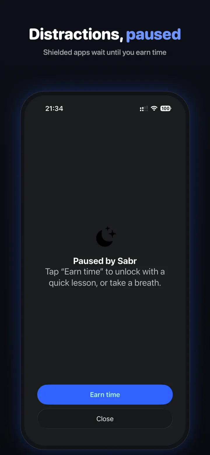 A blocked app paused by Sabr, with the option to earn time or take a breath.