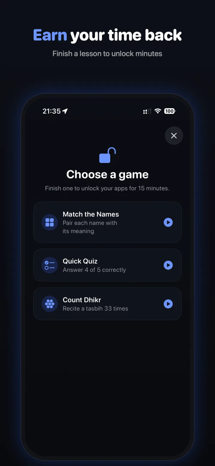 Choose a game to unlock apps: Match the Names, Quick Quiz, or Count Dhikr.